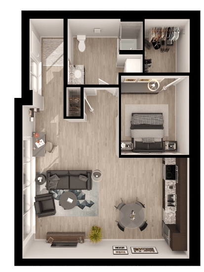 Floor plan for 1 bed, 1 bath, 883 sqft